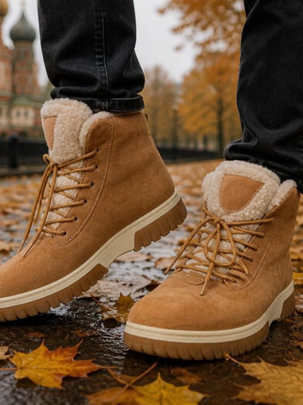 White Mountain Men’s Lace-Up Winter Boots Tan Faux Shearling Size 11M New